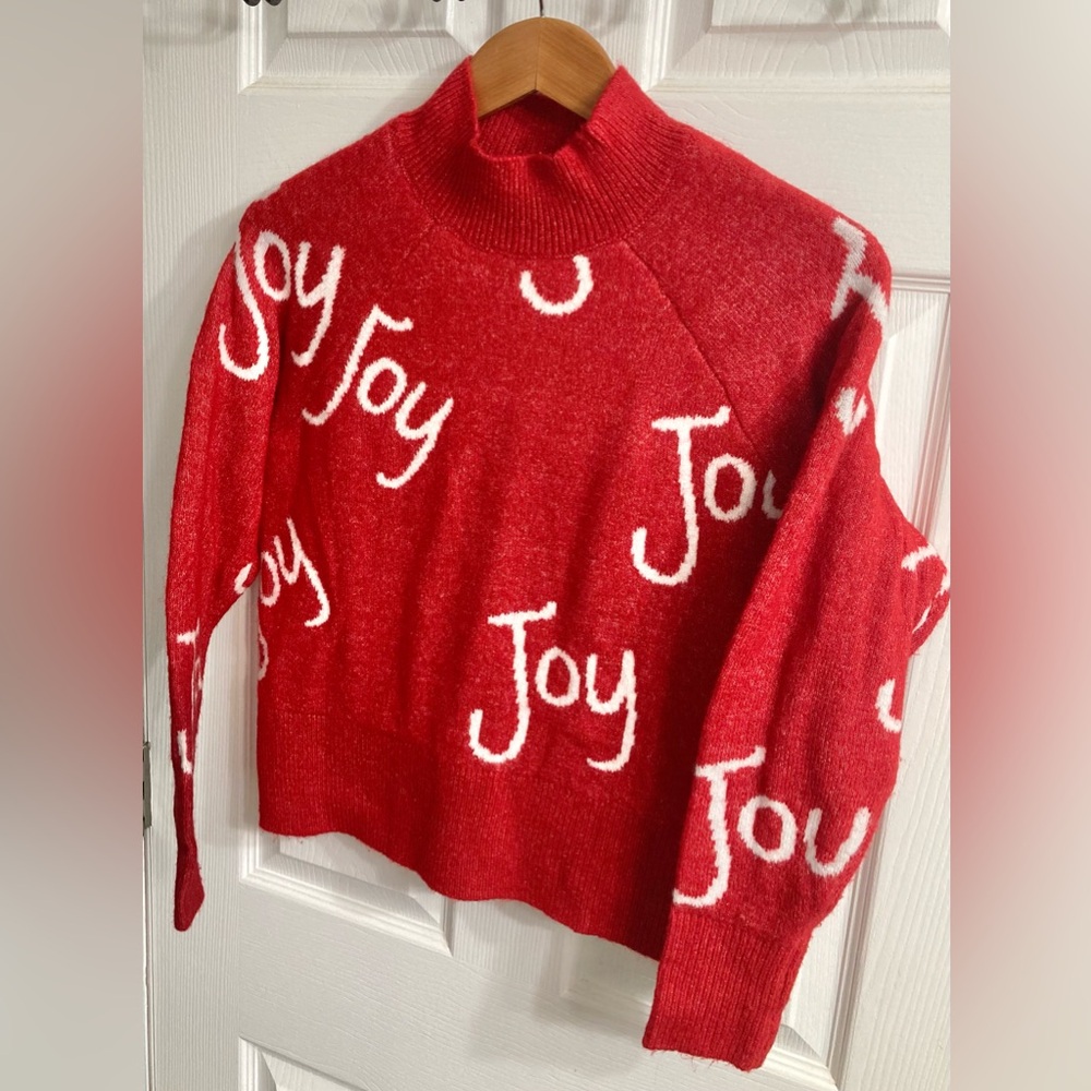 Women’s Small Joy Spellout Christmas Holiday Sweater Red White Mock Neck - Picture 3 of 9